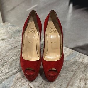 Christian Louboutin Red Suede Peep Toe Heels